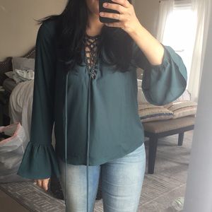 Lace Up Bell Sleeve Blouse